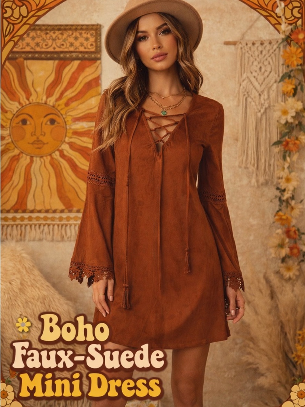 Boho Faux Suede Mini Dress Bell Sleeve Lace Up 70s Hippie Retro Medium